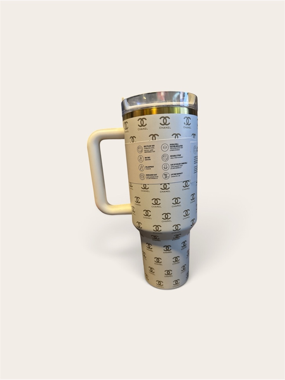 Stanley White and Gold Quencher H2.0 Tumbler with Chanel Motif - Picture 2 of 4